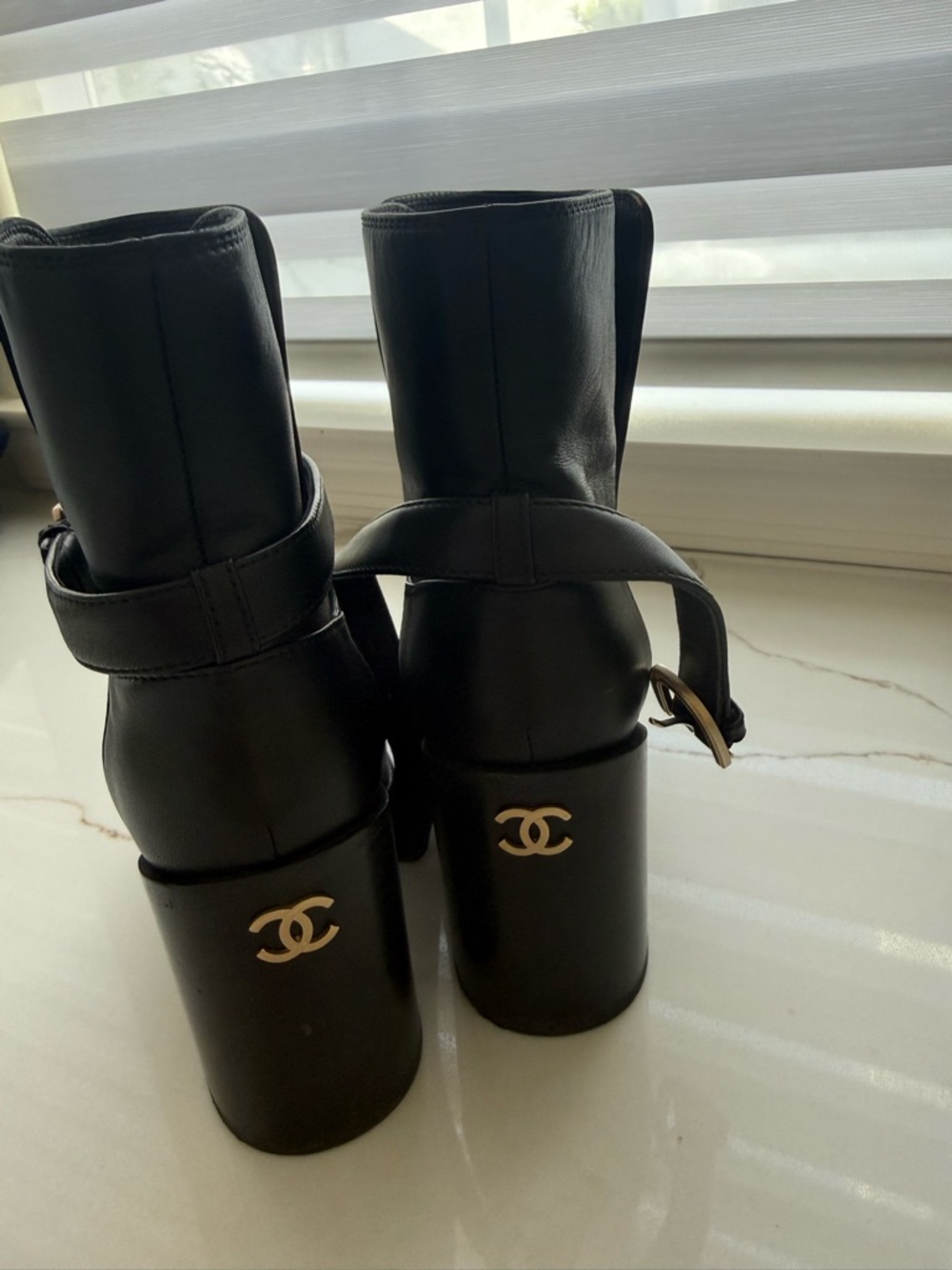 CHANEL Black Leather Ankle Boots with Gold CC Heel